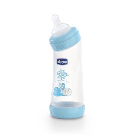 CHICCO Láhev zahnutá bez BPA Well-Being silikonový dudlík modrá 250 ml